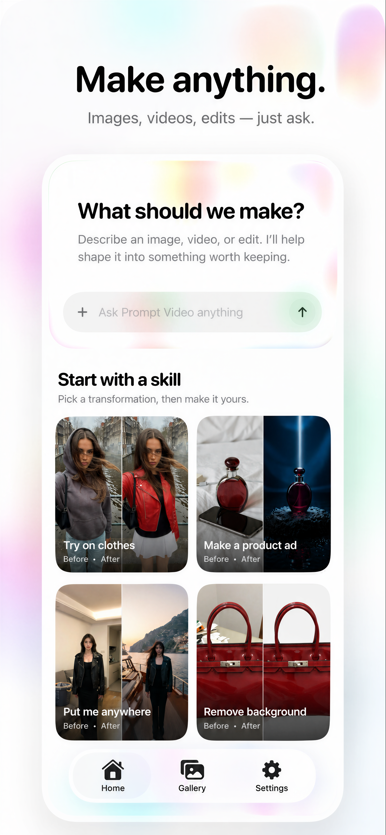 Prompt Video home screen showing its creative agent and image editing skills