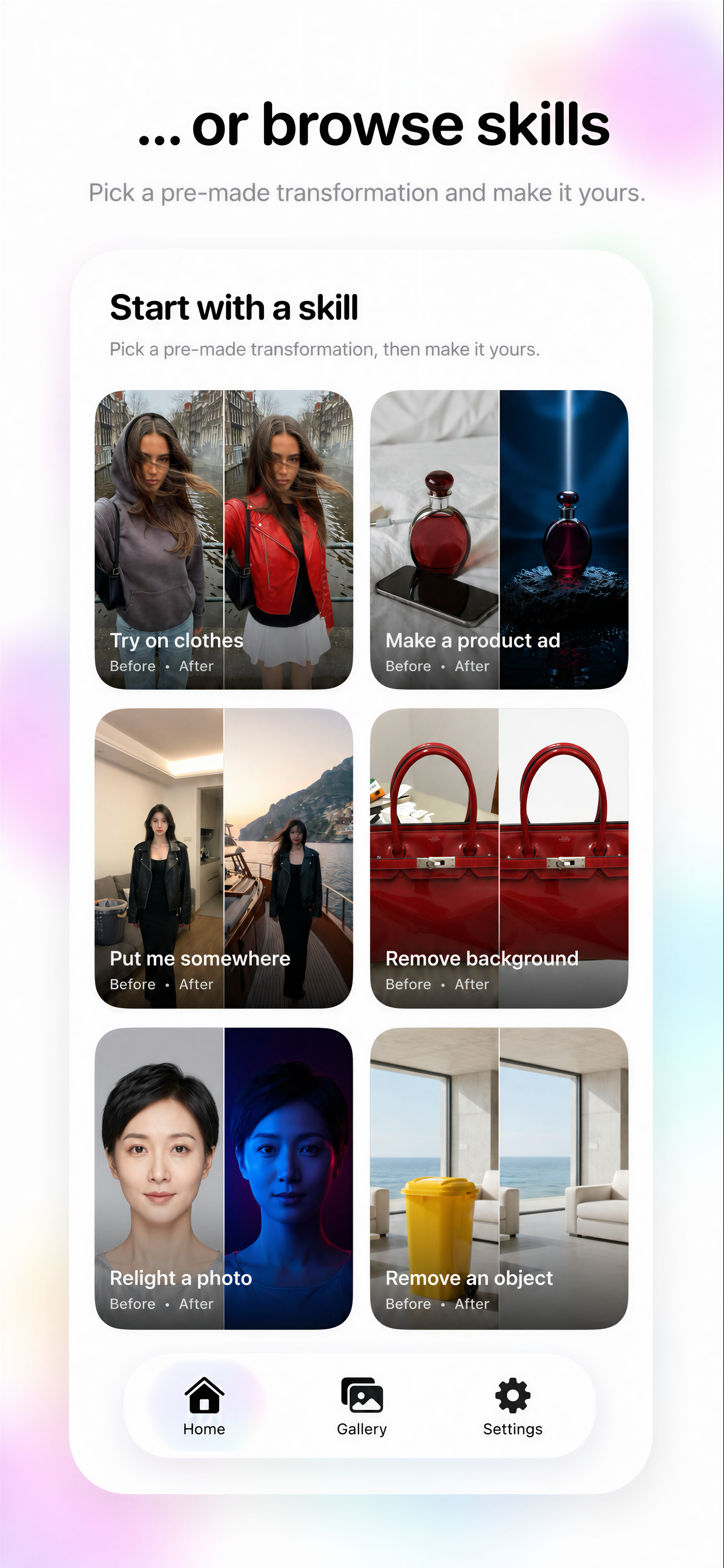 Prompt Video skills including clothes try-on, product ads, background removal, and photo relighting